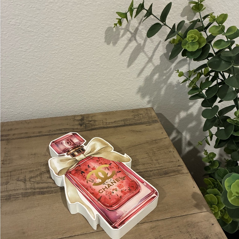 Woodblock Table-piece - CHANEL Luxury Perfume Bottle with Bow.